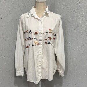 Vintage Southwestern White Embroidered Button Down Shirt Rodeo Cactus